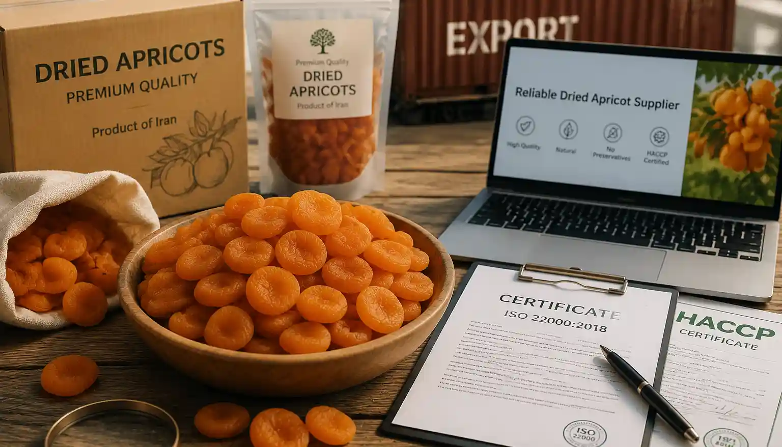 Premium Iranian dried apricots prepared for export with HACCP and ISO 22000 quality certifications and professional packaging
