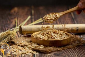 raw barley grain wooden background