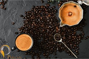 espresso coffee with fragrant foam cup pot coffee beans black table flat lay breakfast with italian cafe coffee pot top view table